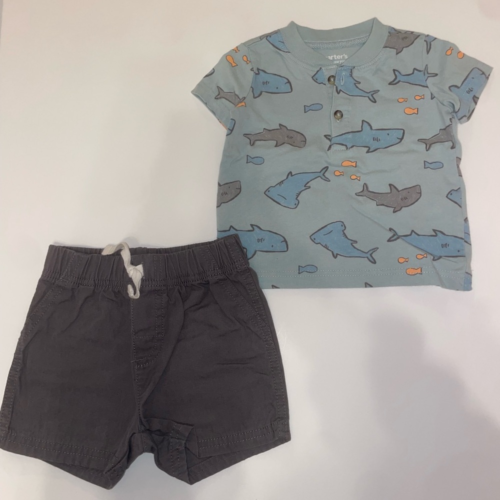 Shark Print Baby Outfit with Gray Shorts